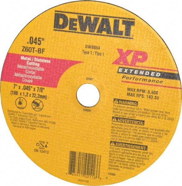 DeWALT - 7" 60 Grit Zirconia Alumina Cutoff Wheel - 0.045" Thick, 7/8" Arbor, 8,700 Max RPM, Use with Circular Saws - Industrial Tool & Supply