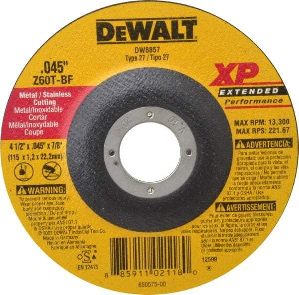 DeWALT - 60 Grit, 4-1/2" Wheel Diam, 7/8" Arbor Hole, Type 27 Depressed Center Wheel - Zirconia Alumina, T Hardness, 13,300 Max RPM, Compatible with Angle Grinder - Industrial Tool & Supply