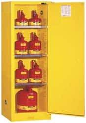 Justrite - 1 Door, 3 Shelf, Yellow Steel Space Saver Safety Cabinet for Flammable and Combustible Liquids - 65" High x 23-1/4" Wide x 18" Deep, Self Closing Door, 22 Gal Capacity - Industrial Tool & Supply