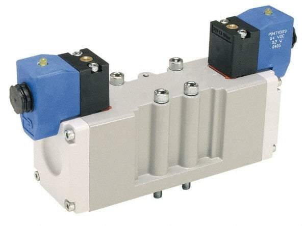 Parker - Double Solenoid 3 Position, Aluminum Solenoid Valve - Center Exhaust Open, Nitrile Seal - Industrial Tool & Supply
