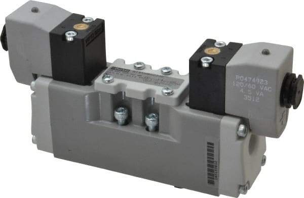 Parker - Double Solenoid 3 Position, Aluminum Solenoid Valve - Center Exhaust Open, Nitrile Seal - Industrial Tool & Supply