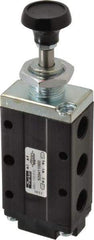 Parker - 0.83 CV Rate, 1/4" NPT Inlet Direct Air 4 Mechanical Spool Valve - 4 Way, 2 Position, 150 Max psi, Button Spring Return - Industrial Tool & Supply