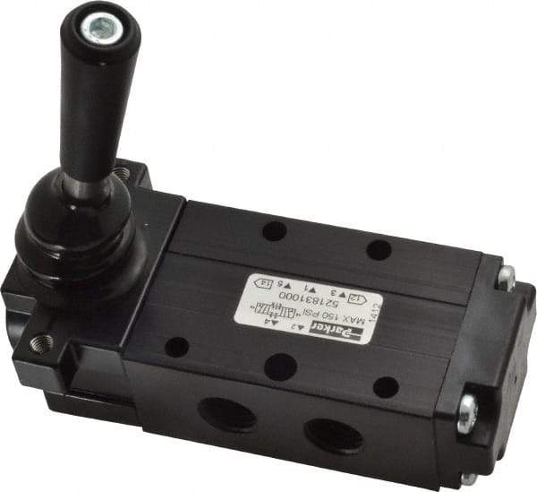 Parker - 0.83 CV Rate, 1/4" NPT Inlet Direct Air 4 Mechanical Spool Valve - 4 Way, 3 Position CC, 150 Max psi, Lever Manual Return - Industrial Tool & Supply