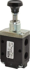 Parker - 0.83 CV Rate, 1/4" NPT Inlet Direct Air 4 Mechanical Spool Valve - 3 Way, 2 Position NC, 150 Max psi, Button Spring Return - Industrial Tool & Supply