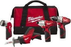 Milwaukee Tool - 12 Volt Cordless Tool Combination Kit - Includes 3/8" Drill/Driver, Reciprocating Saw, 1/4" Hex Impact Driver & Work Light, Lithium-Ion Battery Not Included - Industrial Tool & Supply