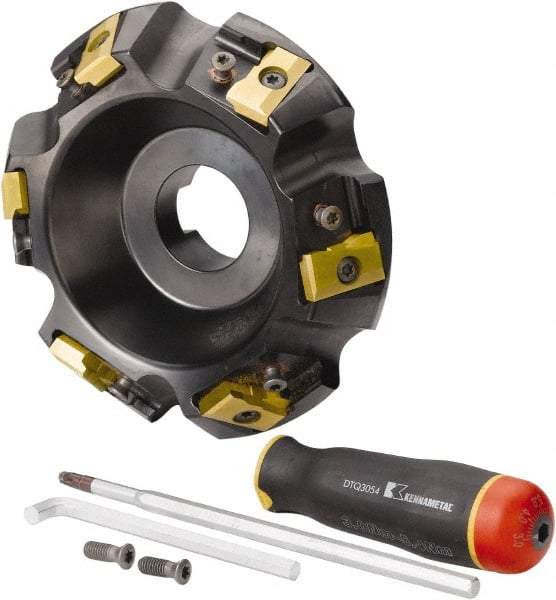 Kennametal - 5" Cut Diam, 1-1/2" Arbor Hole, 21.41mm Max Depth of Cut, 30° Indexable Chamfer & Angle Face Mill - 6 Inserts, LN.U 2210... Insert, Right Hand Cut, 6 Flutes, Series MEGA60 - Industrial Tool & Supply