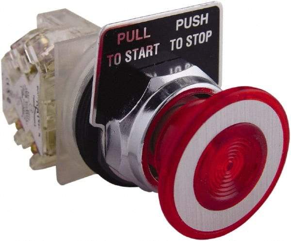 Square D - 1.18 Inch Mount Hole, Extended Mushroom Head, Pushbutton Switch Only - Round, Red Pushbutton, Nonilluminated, Shock and Vibration Resistant - Industrial Tool & Supply