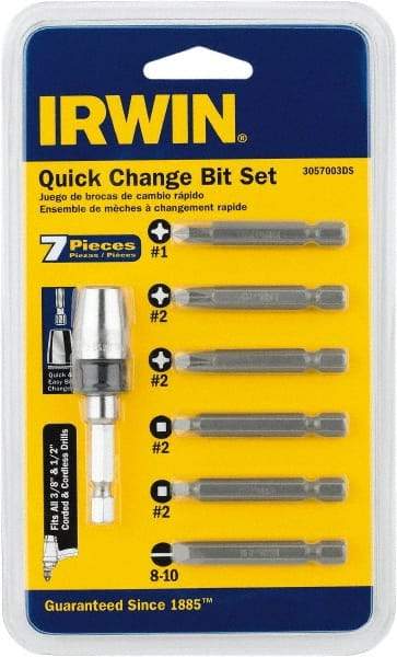 Irwin - 7 Piece, 1/4" Drive Screwdriver Drive Guide Set - #1 to #2 Phillips, 0.05 to 1/4" Hex, 1.27 to 10mm Hex, #1 & #2 Square Recess - Industrial Tool & Supply