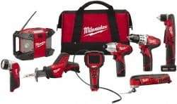 Milwaukee Tool - 12 Volt Cordless Tool Combination Kit - Includes 3/8" Drill/Driver, 3/8" Right Angle Drill Driver, Reciprocating Saw, Multi-Tool, 1/4" Hex Impact Driver & Radio, Lithium-Ion Battery Not Included - Industrial Tool & Supply