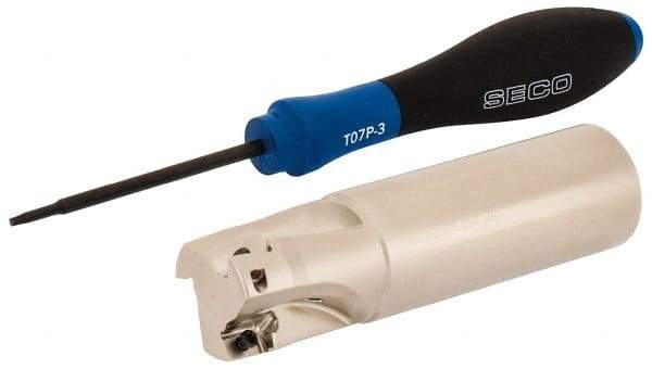 Seco - 1" Cut Diam, 0.354" Max Depth of Cut, 1" Shank Diam, 3.78" OAL, Indexable Square Shoulder End Mill - XO.X 10T3.. Inserts, Weldon Shank, 90° Lead Angle, Through Coolant, Series Turbo 10 - Industrial Tool & Supply