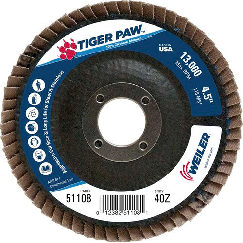 4 1/2″ × 7/8″-40 Grit - T27 Tiger Paw Zirc Flap Disc Phenolic Back - Industrial Tool & Supply