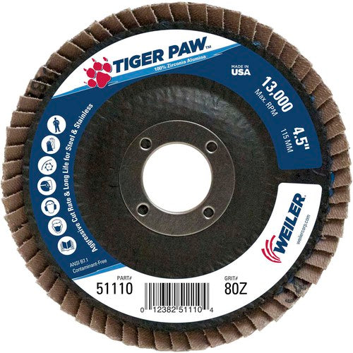 4 1/2″ × 7/8″-80 Grit -á T27 Tiger Paw Zirc Flap Disc Phenolic Back - Industrial Tool & Supply
