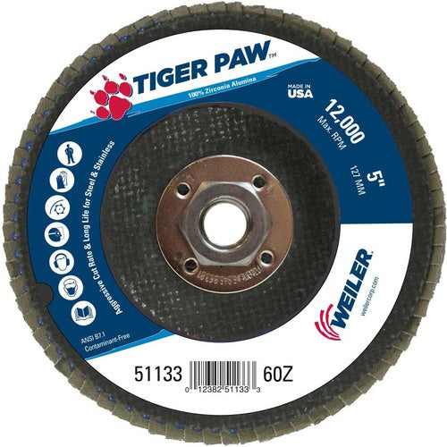 5″ Tiger Paw Abrasive Flap Disc, Flat, Phenolic Backing, 60Z, 5/8″-11 Arbor Hole - Industrial Tool & Supply