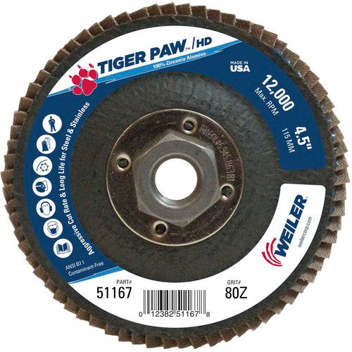 4 1/2″ × 5/8″-11-80 Grit - T27 Tiger Paw High Density Zirc Flap Disc Phenolic Back - Industrial Tool & Supply