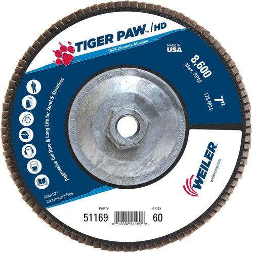 7″ Tiger Paw Super High Density Flap Disc, Flat, Phenolic Backing, 60Z, 5/8″-11 Arbor Hole - Industrial Tool & Supply