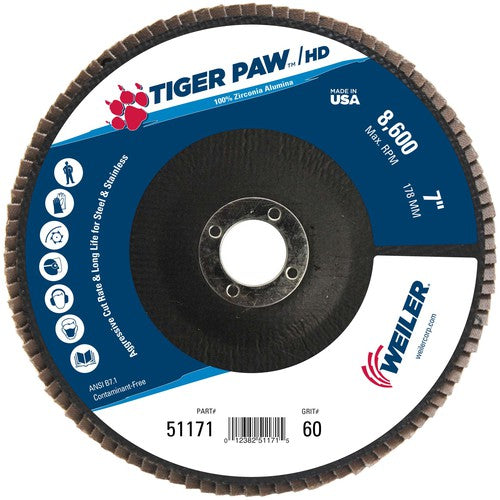 7″ Tiger Paw Super High Density Flap Disc, Flat, Phenolic Backing, 60Z, 7/8″ Arbor Hole - Industrial Tool & Supply