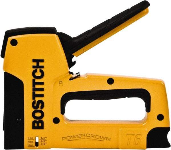 Stanley Bostitch - Manual Staple Gun - 1/4, 3/8, 1/2" Staples, 84 Lb Capacity, Yellow, Aluminum Die Cast - Industrial Tool & Supply