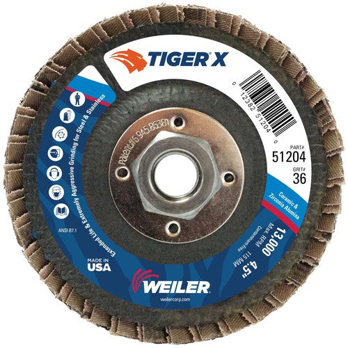 4 1/2″ Diameter - Tiger X Flap Disc, Angled, Phenolic Backing, 36Z, 5/8″ Diameter - 11 UNC Nut - Industrial Tool & Supply