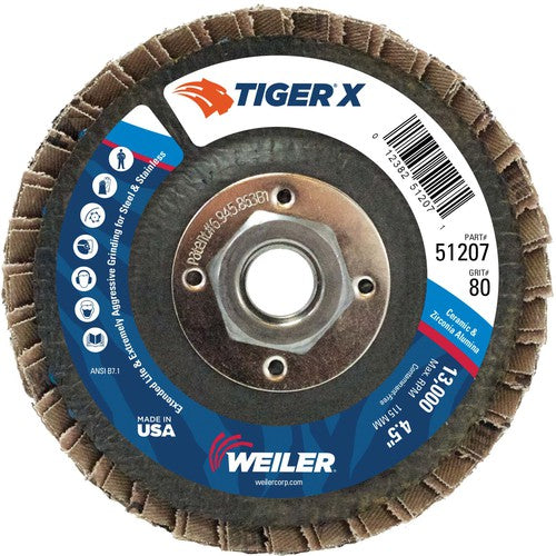 4 1/2″ Diameter - Tiger X Flap Disc, Angled, Phenolic Backing, 80Z, 5/8″ Diameter - 11 UNC Nut - Industrial Tool & Supply
