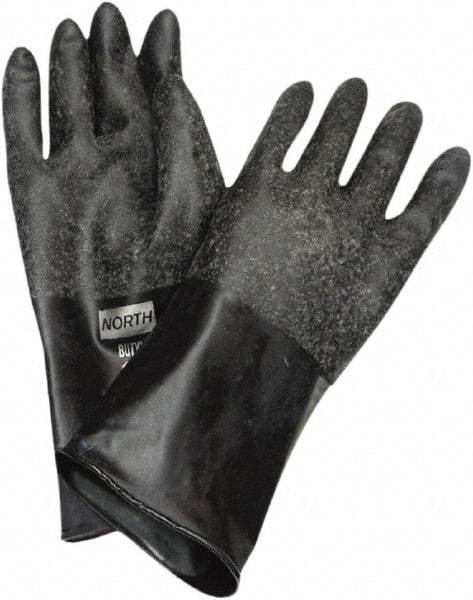 North - Size L (9), 14" Long, 14 mil Thick, Butyl Chemical Resistant Gloves - Rough Finish, Rolled Cuff, Black, FDA Approved - Industrial Tool & Supply