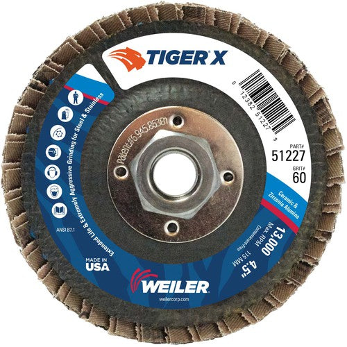 4 1/2″ Diameter - Tiger X Flap Disc, Flat, Phenolic Backing, 60Z, 5/8″-11 Diameter - Arbor Hole - Industrial Tool & Supply