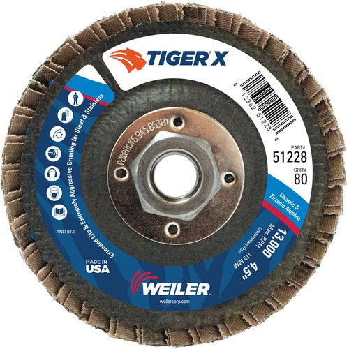 4 1/2″ Diameter - Tiger X Flap Disc, Flat, Phenolic Backing, 80Z, 5/8″-11 Diameter - Arbor Hole - Industrial Tool & Supply