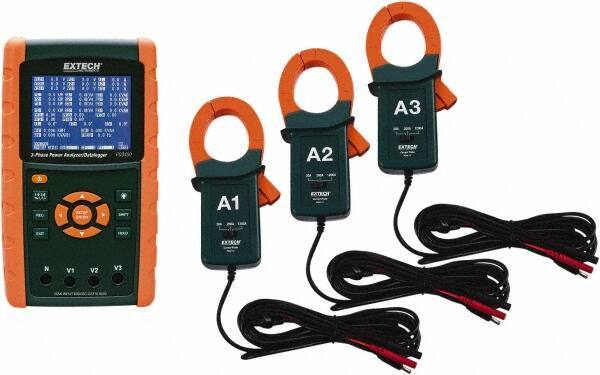 Extech - 3 Phase, 600 VAC, 0.01 to 1,200 Amp Capability, 45 to 65 Hz Calibration, LCD Display Power Meter - 0.5 Current Accuracy, 0.5 Voltage Accuracy - Industrial Tool & Supply