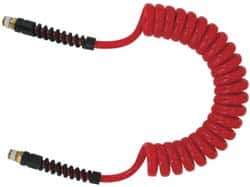 PRO-SOURCE - 5/16" ID, 1/4 Thread, 10' Long, Red Polyurethane Coiled & Self Storing Hose - 185 Max psi, Male Swivel x Male Swivel - Industrial Tool & Supply