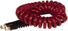 PRO-SOURCE - 1/4" ID, 1/4 Thread, 15' Long, Red Polyurethane Coiled & Self Storing Hose - 220 Max psi, Male Swivel x Male Swivel - Industrial Tool & Supply