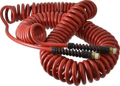 PRO-SOURCE - 1/4" ID, 1/4 Thread, 50' Long, Red Polyurethane Coiled & Self Storing Hose - 220 Max psi, Male Swivel x Male Swivel - Industrial Tool & Supply