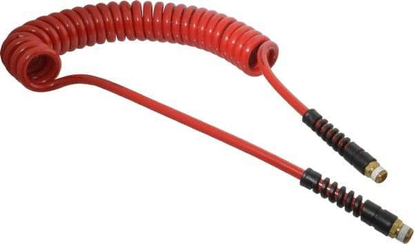 PRO-SOURCE - 5/16" ID, 3/8 Thread, 15' Long, Red Polyurethane Coiled & Self Storing Hose - 185 Max psi, Male Swivel x Male Swivel - Industrial Tool & Supply