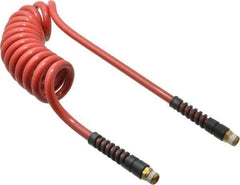 PRO-SOURCE - 3/8" ID, 3/8 Thread, 10' Long, Red Polyurethane Coiled & Self Storing Hose - 200 Max psi, Male Swivel x Male Swivel - Industrial Tool & Supply