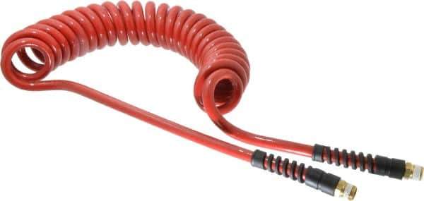 PRO-SOURCE - 3/8" ID, 3/8 Thread, 15' Long, Red Polyurethane Coiled & Self Storing Hose - 200 Max psi, Male Swivel x Male Swivel - Industrial Tool & Supply