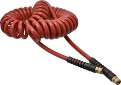 PRO-SOURCE - 3/8" ID, 3/8 Thread, 25' Long, Red Polyurethane Coiled & Self Storing Hose - 200 Max psi, Male Swivel x Male Swivel - Industrial Tool & Supply