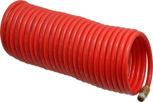 PRO-SOURCE - 1/4" ID, 1/4 Thread, 25' Long, Red Nylon Coiled & Self Storing Hose - 350 Max psi, Male Swivel x Male Swivel - Industrial Tool & Supply