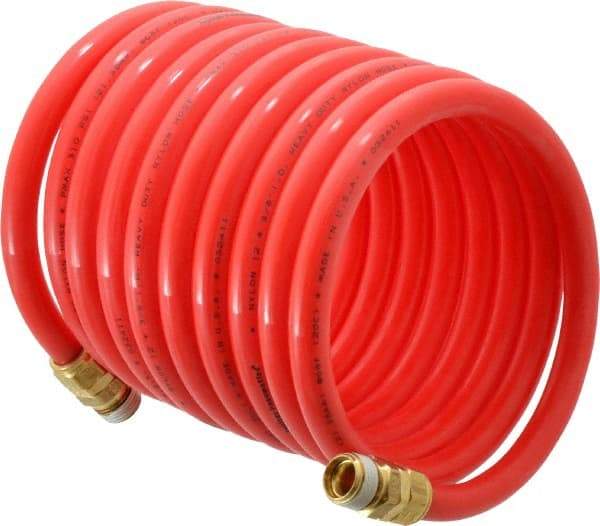 PRO-SOURCE - 3/8" ID, 3/8 Thread, 12' Long, Red Nylon Coiled & Self Storing Hose - 310 Max psi, Male Swivel x Male Swivel - Industrial Tool & Supply