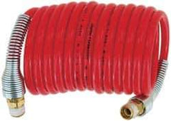 PRO-SOURCE - 1/4" ID, 1/4 Thread, 50' Long, Red Nylon Coiled & Self Storing Hose - 240 Max psi, Industrial Interchange Coupler x Plug - Industrial Tool & Supply