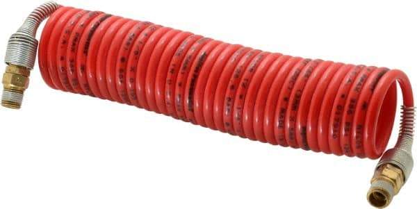 PRO-SOURCE - 1/8" ID, 1/8 Thread, 12' Long, Red Nylon Coiled & Self Storing Hose - 386 Max psi, Male Swivel x Male Swivel - Industrial Tool & Supply