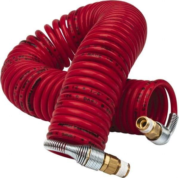PRO-SOURCE - 1/8" ID, 1/8 Thread, 25' Long, Red Nylon Coiled & Self Storing Hose - 386 Max psi, Male Swivel x Male Swivel - Industrial Tool & Supply