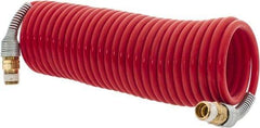 PRO-SOURCE - 3/16" ID, 1/4 Thread, 17' Long, Red Nylon Coiled & Self Storing Hose - 287 Max psi, Male Swivel x Male Swivel - Industrial Tool & Supply