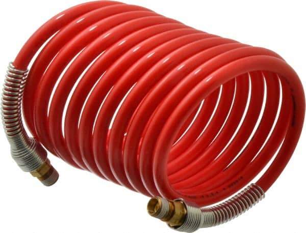 PRO-SOURCE - 5/16" ID, 1/4 Thread, 12' Long, Red Nylon Coiled & Self Storing Hose - 213 Max psi, Male Swivel x Male Swivel - Industrial Tool & Supply