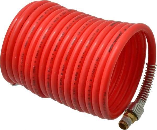 PRO-SOURCE - 5/16" ID, 1/4 Thread, 17' Long, Red Nylon Coiled & Self Storing Hose - 213 Max psi, Male Swivel x Male Swivel - Industrial Tool & Supply