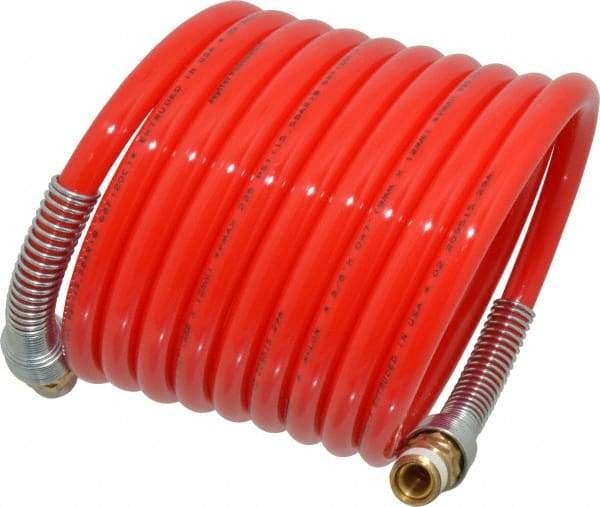 PRO-SOURCE - 3/8" ID, 3/8 Thread, 12' Long, Red Nylon Coiled & Self Storing Hose - 225 Max psi, Male Swivel x Male Swivel - Industrial Tool & Supply