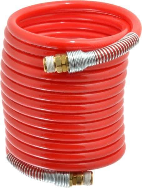 PRO-SOURCE - 3/8" ID, 3/8 Thread, 17' Long, Red Nylon Coiled & Self Storing Hose - 225 Max psi, Male Swivel x Male Swivel - Industrial Tool & Supply