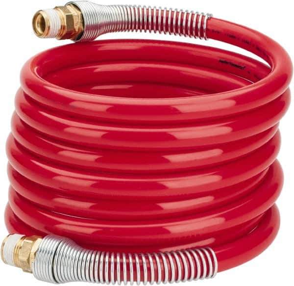 PRO-SOURCE - 1/2" ID, 1/2 Thread, 12' Long, Red Nylon Coiled & Self Storing Hose - 220 Max psi, Male Swivel x Male Swivel - Industrial Tool & Supply