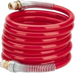 PRO-SOURCE - 1/2" ID, 1/2 Thread, 12' Long, Red Nylon Coiled & Self Storing Hose - 220 Max psi, Male Swivel x Male Swivel - Industrial Tool & Supply