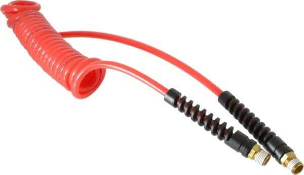 PRO-SOURCE - 3/16" ID, 1/4 Thread, 10' Long, Red Polyurethane Coiled & Self Storing Hose - 147 Max psi, Male Swivel x Male Swivel - Industrial Tool & Supply