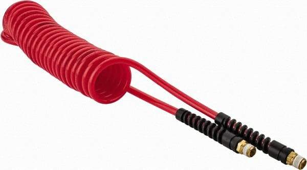 PRO-SOURCE - 1/4" ID, 1/4 Thread, 15' Long, Red Polyurethane Coiled & Self Storing Hose - 147 Max psi, Male Swivel x Male Swivel - Industrial Tool & Supply