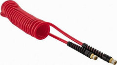 PRO-SOURCE - 1/4" ID, 1/4 Thread, 15' Long, Red Polyurethane Coiled & Self Storing Hose - 147 Max psi, Male Swivel x Male Swivel - Industrial Tool & Supply