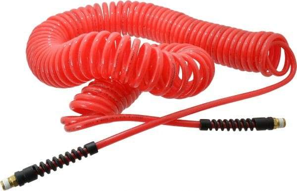 PRO-SOURCE - 1/4" ID, 1/4 Thread, 50' Long, Red Polyurethane Coiled & Self Storing Hose - 147 Max psi, Male Swivel x Male Swivel - Industrial Tool & Supply